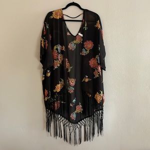 Xhilaration Black Floral Print Fringe Kimono - Size Medium/Large